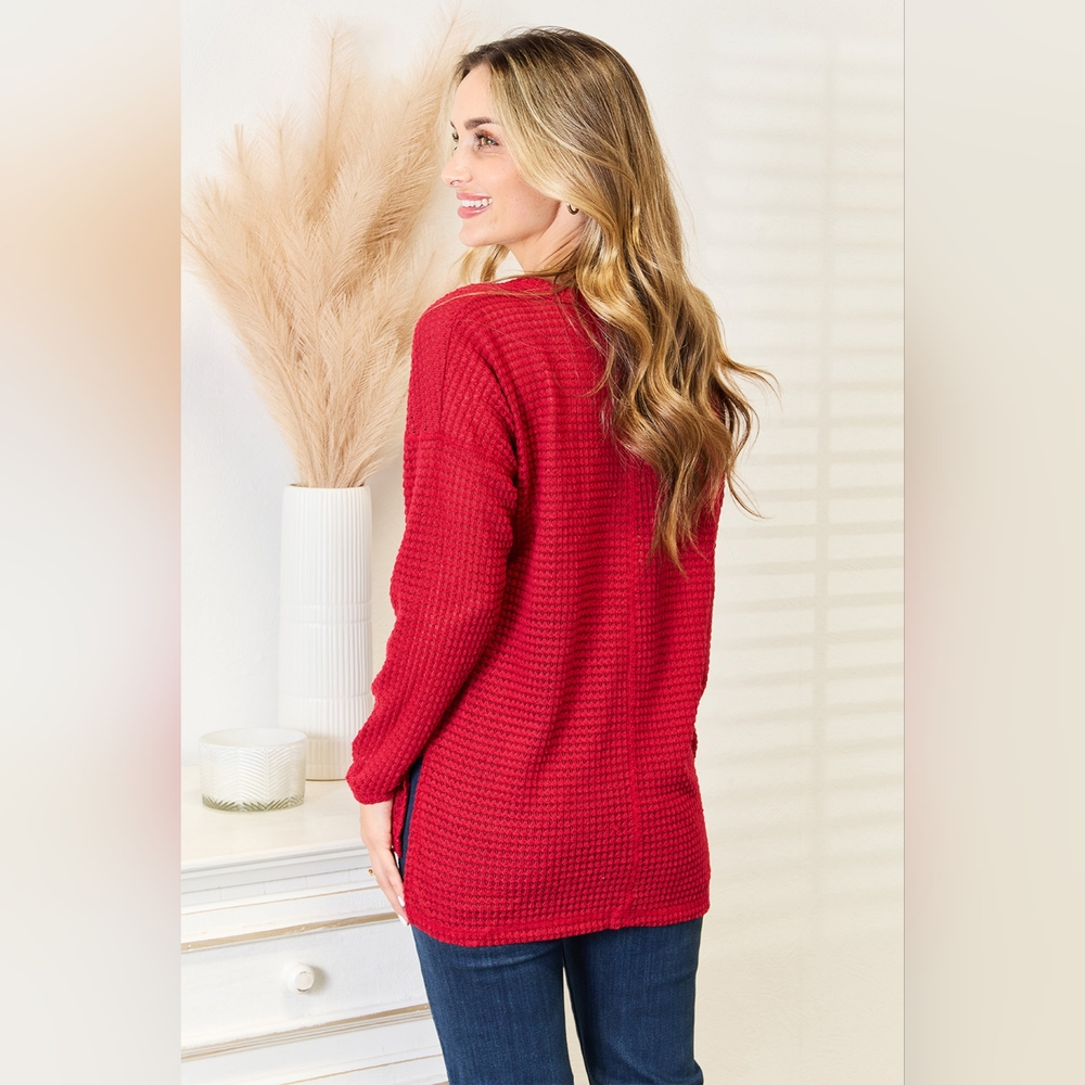 Culture Code Designer Red Waffle Knit Wide Notch Neckline Relaxed Fit Top - Picture 8 of 11